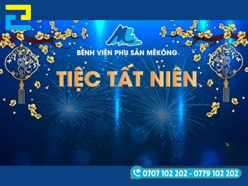 Backdrop tiệc tất niên của Bệnh viện phụ sản Mê kông mang phong cách đơn giản, nhưng vô cùng ấn tượng.