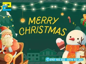 Băng rôn Noel hoạt hình màu xanh lá, có hình người tuyết và Ông già Noel