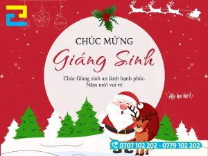 Băng rôn đỏ chúc mừng Giáng sinh có hình Ông già Noel và tuần lộc