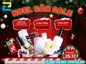 Băng rôn săn sale mỹ phẩm Noel, có giỏ quà và các ưu đãi lớn