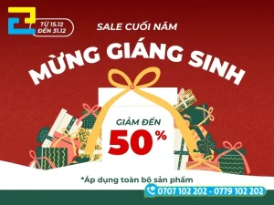 Băng rôn sale Noel và cuối năm, nổi bật với đống hộp quà tặng