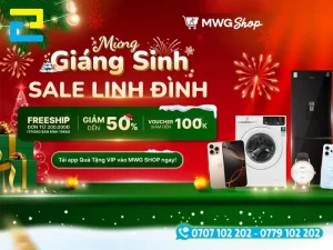 Băng rôn điện máy MWG Shop sale Giáng sinh, có hình tủ lạnh, máy giặt, điện thoại