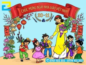 Mẫu in backdrop ngày 20/11 trang trí với nét hoạt hình cổ điển