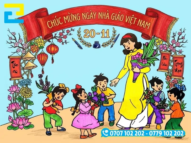 Mẫu in backdrop ngày 20/11 trang trí với nét hoạt hình cổ điển