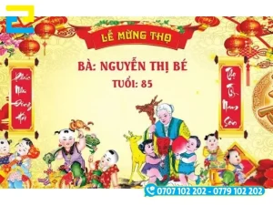 Mẫu phông mừng thọ in nhân vật bà cháu hoạt hình