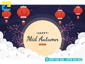 Mẫu 8: Phông nền có kiểu chữ đơn giản – nghệ thuật, có tông màu xanh chủ đạo, hình ảnh trăng rằm, lồng đèn, đám mây,… được thiết kế đẹp mắt