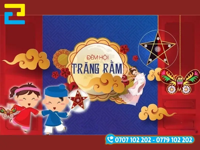 Mẫu 9: Hình ảnh có hai màu nền chính là đỏ và xanh dương. Trung tâm có hình ảnh chị Hằng. xung quanh là hai em nhỏ đang rước đèn rất vui vẻ