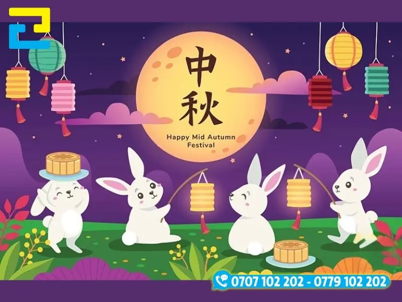 Mẫu 12: Phông nền có kiểu chữ đơn giản, có những hình ảnh minh họa như: Con thỏ, bánh Trung thu, trăng rằm,… phông nền có tông màu tím chủ đạo