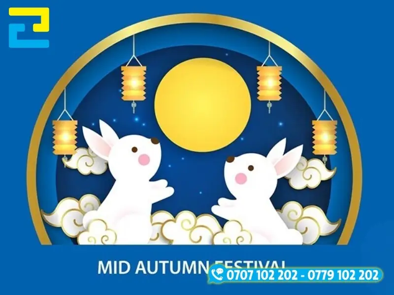 Mẫu 14: Phông nền có kiểu chữ đơn giản, có những hình ảnh minh họa như: Hình ảnh trăng rằm, con thỏ,,… phông nền có tông màu xanh dương chủ đạo