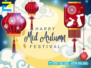 Mẫu 15: Phông nền có kiểu chữ đơn giản – nghệ thuật, có những hình ảnh như: Lồng đèn, con thỏ, đám mây,… được thiết kế với bố cục hợp lý