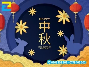 Mẫu 16: Phông nền có hình ảnh lồng đèn, hình con thỏ, bông hoa,… được thiết kế đẹp mắt, phông nền có kiểu chữ đơn giản, tông màu xanh chủ đạo
