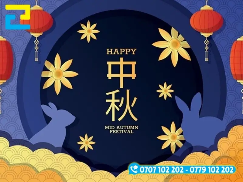 Mẫu 16: Phông nền có hình ảnh lồng đèn, hình con thỏ, bông hoa,… được thiết kế đẹp mắt, phông nền có kiểu chữ đơn giản, tông màu xanh chủ đạo