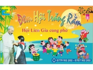 Mẫu 17: Phông nền có tông màu vàng và xanh chủ đạo, có kiểu chữ đơn giản, có hình ảnh bác Hồ, trăng rằm, và các em nhỏ đang vui đùa