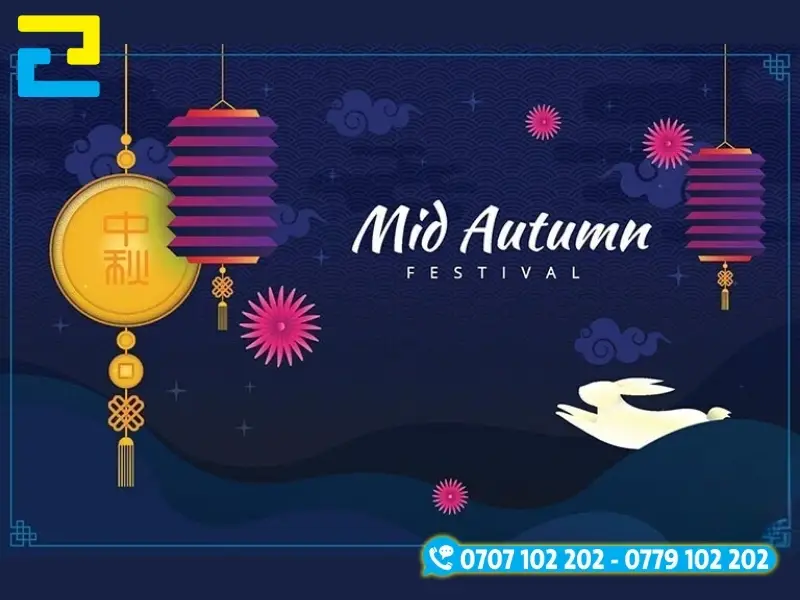 Mẫu 19: Phông nền có kiểu chữ đơn giản – nghệ thuật, có hình ảnh con thỏ, đám mây, lồng đèn,… được thiết kế với bố cục hợp lý, phông nền có tông màu xanh chủ đạo