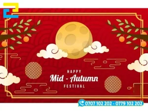Mẫu 1: Phông nền có tông màu đỏ chủ đạo, có hình trăng rằm, đám mây,… được thiết kế với bố cục hợp lý, phông nền có kiểu chữ đơn giản