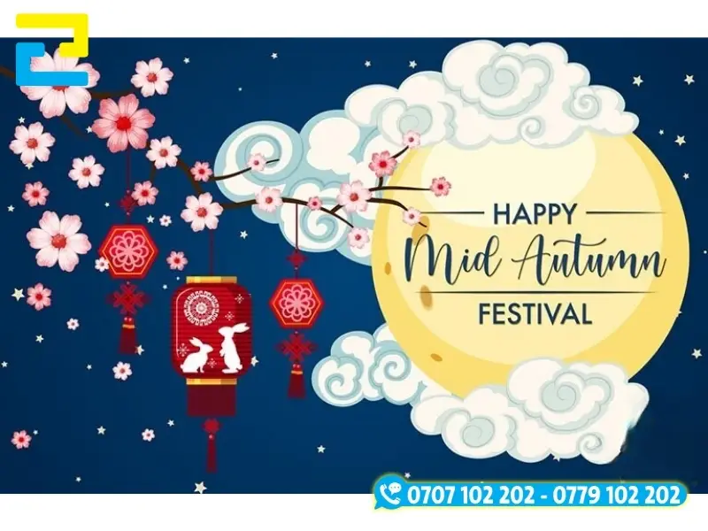 Mẫu 2: Phông nền có kiểu chữ đơn giản – nghệ thuật, có hình ảnh đám mây, hoa đào, lồng đèn đẹp mắt, phông nền có tông màu xanh dương chủ đạo