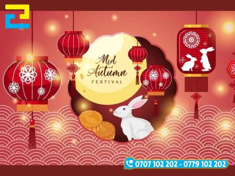Mẫu 3: Phông nền có tông màu đỏ nhạt chủ đạo, có những hình ảnh minh họa như: Lồng đèn, con thỏ, trăng rằm,… được thiết kế với bố cục hợp lý