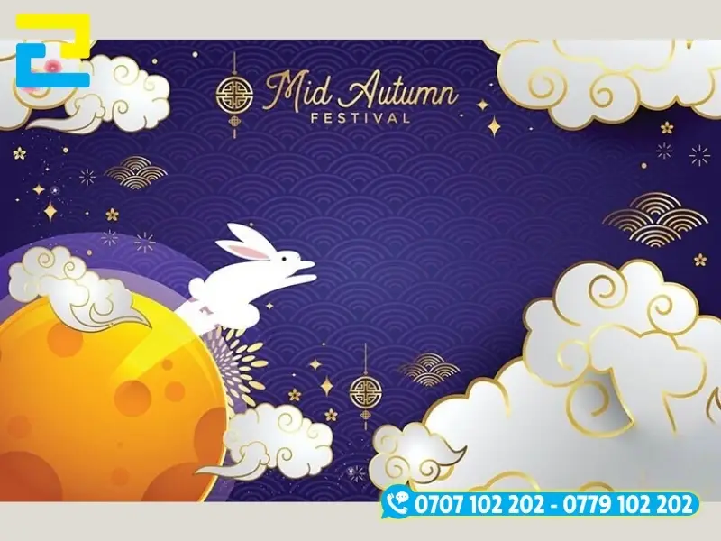 Mẫu 5: Phông nền có hình ảnh con thỏ, hình ảnh trăng rằm, đám mây,… được thiết kế với bố cục hợp lý, phông nền có tông màu tím chủ đạo đẹp mắt