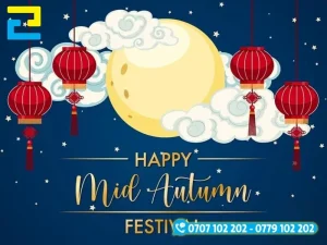 Mẫu 6: Phông nền có kiểu chữ đơn giản – nghệ thuật, có hình ảnh đám mây, lồng đèn, trăng rằm,… được thiết kế đẹp mắt, phông nền có tông màu xanh chủ đạo