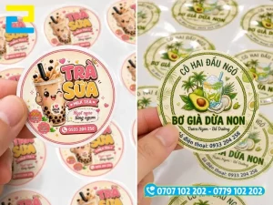 Các mẫu tem nhãn decal hoàn thiện được dán trên chai lọ mỹ phẩm, thực phẩm và linh kiện điện tử