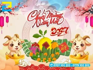 Mẫu background, backdrop Tết chúc mừng năm mới 2027, có 2 chú dê trắng