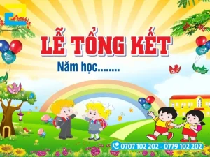 Mẫu 7: Phông nền lễ tổng kết năm học có tông màu nổi bật, và kiểu chữ đơn giản, hình vẽ hoạt hình vui vẻ