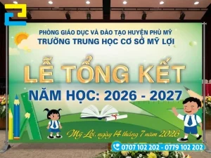 Mẫu 6: Phông nền lễ tổng kết năm học có hình nền xanh chủ đạo, thiết kế đơn giản với dòng chữ Lễ Tổng Kết và năm học