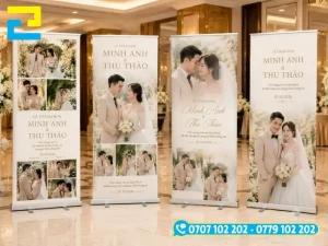 Bề mặt tấm in chất liệu PP cán màng mờ giúp hiển thị thông tin sắc nét và giảm phản chiếu ánh đèn sự kiện
