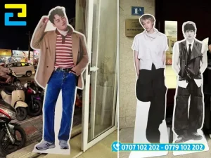 Thành phẩm in standee hình người cắt bo sát theo đường viền đồ họa mô phỏng tỷ lệ thực tế