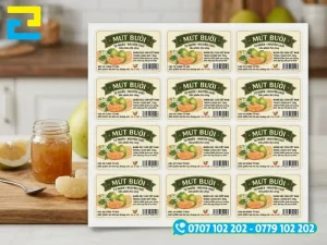 Hũ thủy tinh sử dụng decal trong suốt giúp hiển thị rõ màu sắc vàng tự nhiên của mứt bưởi bên trong