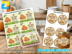 Tem nhãn mứt bưởi với nhiều kích thước và hình dáng bế cắt khác nhau phù hợp cho hũ 200g, 350g và 500g