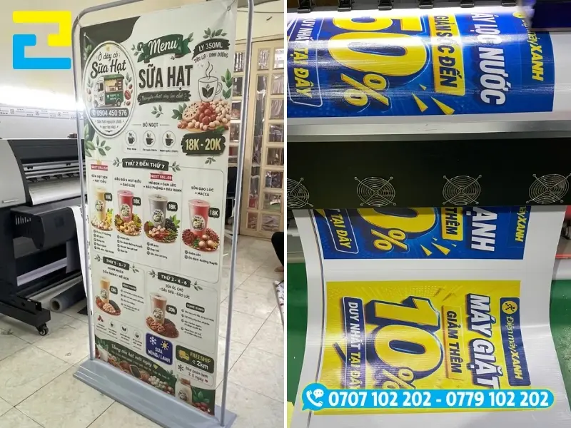 Sự so sánh bề mặt vật liệu in standee giữa bạt hiflex dày dặn (phải) và tấm nhựa PP mịn màng (trái)