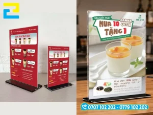 Các kiểu dáng standee để bàn thông dụng gồm kệ mica chân vát, kệ chữ L nghiêng và giá chữ X mini