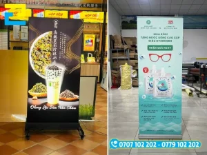 Các dòng standee quảng cáo thông dụng trên thị trường bao gồm chân chữ X, cuốn nhôm, đế nước và mô hình nhân vật