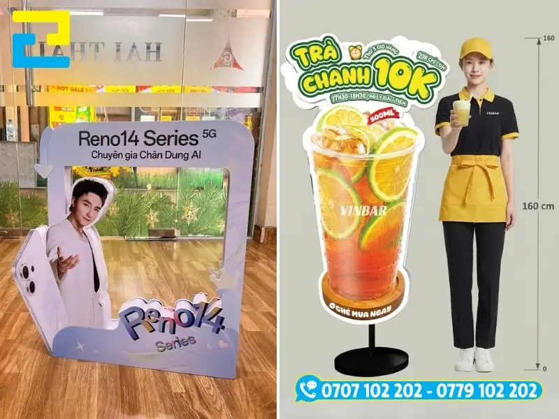 Mẫu standee quảng cáo thông tin chương trình khuyến mãi được dựng trưng bày ngay tại cửa ra vào của cửa hàng bán lẻ