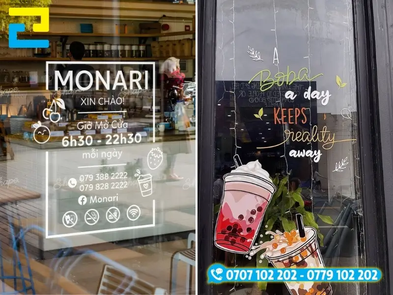 Decal trong suốt dán kính được ứng dụng phổ biến làm sticker trang trí, bảng thông báo cho các cửa hàng