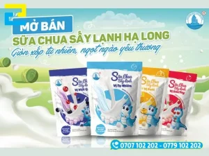 Mẫu 10: Phông nền ra mắt mở bán sản phẩm sữa chua được thiết kế với kiểu chữ đơn giản – nghệ thuật, hình ảnh minh họa cho sản phẩm được thiết kế với kích thước lớn