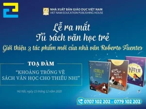 Mẫu 20: Phông nền có tông màu xanh dương chủ đạo, hình ảnh cuốn sách, hình ảnh logo được thiết kế với bố cục hợp lý, backdrop có kiểu chữ đơn giản – nghệ thuật
