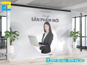 Mẫu 4: Phông nền có hình ảnh minh họa được thiết kế với kích thước lớn, có kiểu chữ đơn giản, backdrop có tông màu xám chủ đạo
