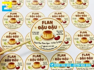 Mẫu in tem nhãn bánh flan chất liệu decal nhựa sữa sắc nét, chống ẩm tốt mà không bong tróc
