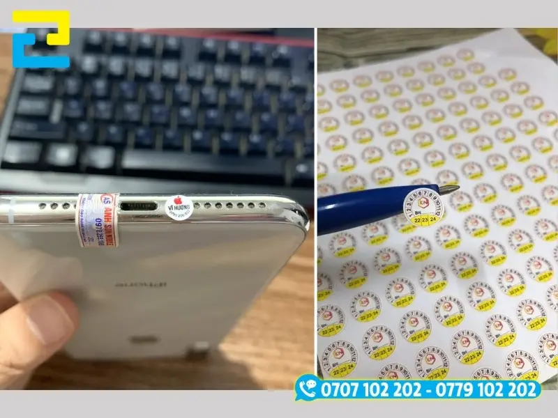Mẫu tem bảo hành thực tế được dán trên các thiết bị điện tử, linh kiện máy tính, mỹ phẩm và phụ kiện xe