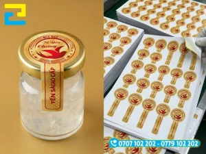 Bố cục file thiết kế tem bảo hành tiêu chuẩn bao gồm đường bế cut-line, vùng an toàn và mã QR xác thực