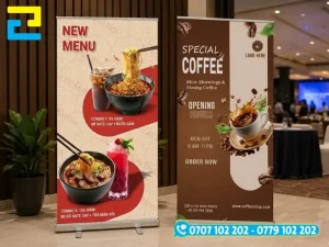 Bộ standee tự cuốn nhôm hoàn chỉnh bao gồm chân đế và bản in PP lắp sẵn