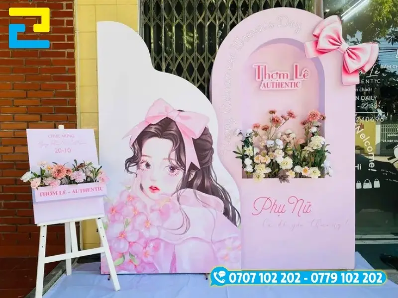 Mẫu 5: Backdrop 8/3 đẹp được thiết kế với tông màu hồng nhạt, thông điệp chúc mừng ngày 8/3 được thiết kế với kiểu chữ nghệ thuật và hoa