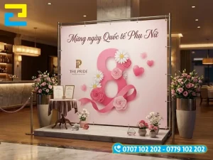 Mẫu 7: Mẫu 8/3 backdrop được thiết kế tối giản, có hình ảnh những bông hoa đẹp mắt, có tông màu trắng - hồng chủ đạo