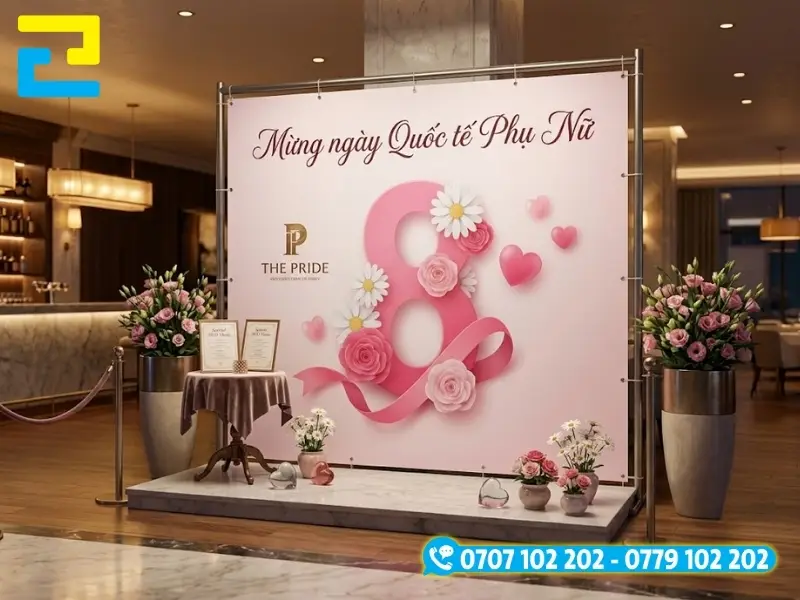 Mẫu 7: Mẫu 8/3 backdrop được thiết kế tối giản, có hình ảnh những bông hoa đẹp mắt, có tông màu trắng - hồng chủ đạo