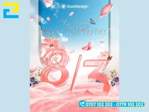 Mẫu 8: Mẫu backdrop 8/3 được thiết kế với hình minh họa nghệ thuật, có tông màu hồng - xanh, kết hợp với hình ảnh cánh hoa đẹp mắt, mềm mại