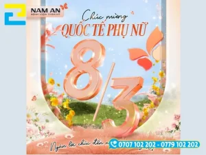 Mẫu 12: Backdrop 8-3 được thiết kế với hình ảnh khung cảnh hoa đẹp mắt, có tông màu trắng hồng chủ đạo, kết hợp với kiểu chữ nghệ thuật