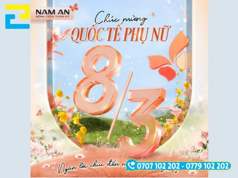 Mẫu 12: Backdrop 8-3 được thiết kế với hình ảnh khung cảnh hoa đẹp mắt, có tông màu trắng hồng chủ đạo, kết hợp với kiểu chữ nghệ thuật