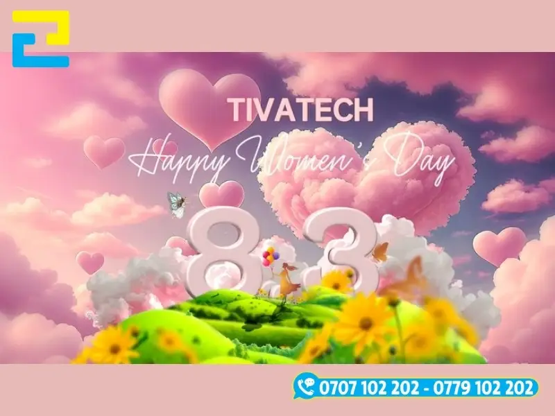 Mẫu 13: Phông nền ngày 8/3 có hình ảnh hoa được thiết kế với bố cục đẹp mắt với đồi núi xanh, có kiểu chữ đơn giản - nghệ thuật, tông màu hồng chủ đạo